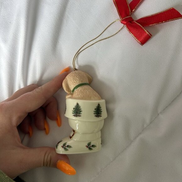 Spode Christmas Tree Ornament Puppy Dog in Stocking 3.25" No Box Bow Red Green - Picture 4 of 8